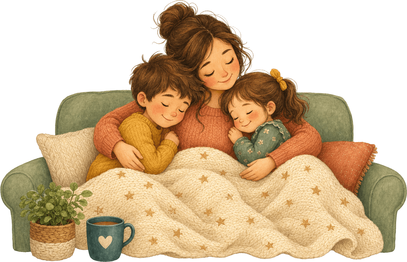 A parent hugging their two young children on a cozy couch
